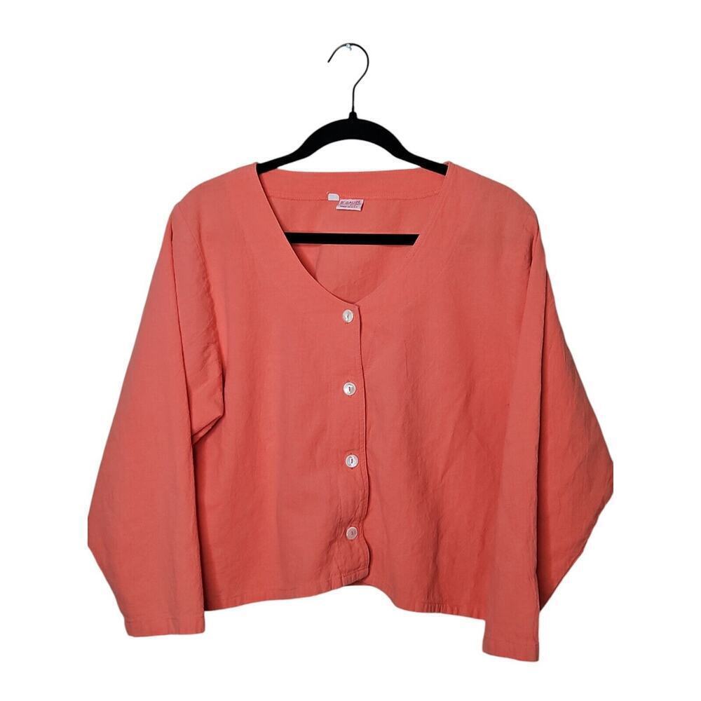 B'GAUZE Boxy Crop Top Lagenlook Cotton Pink Orange Coral Size 1 Button Front
